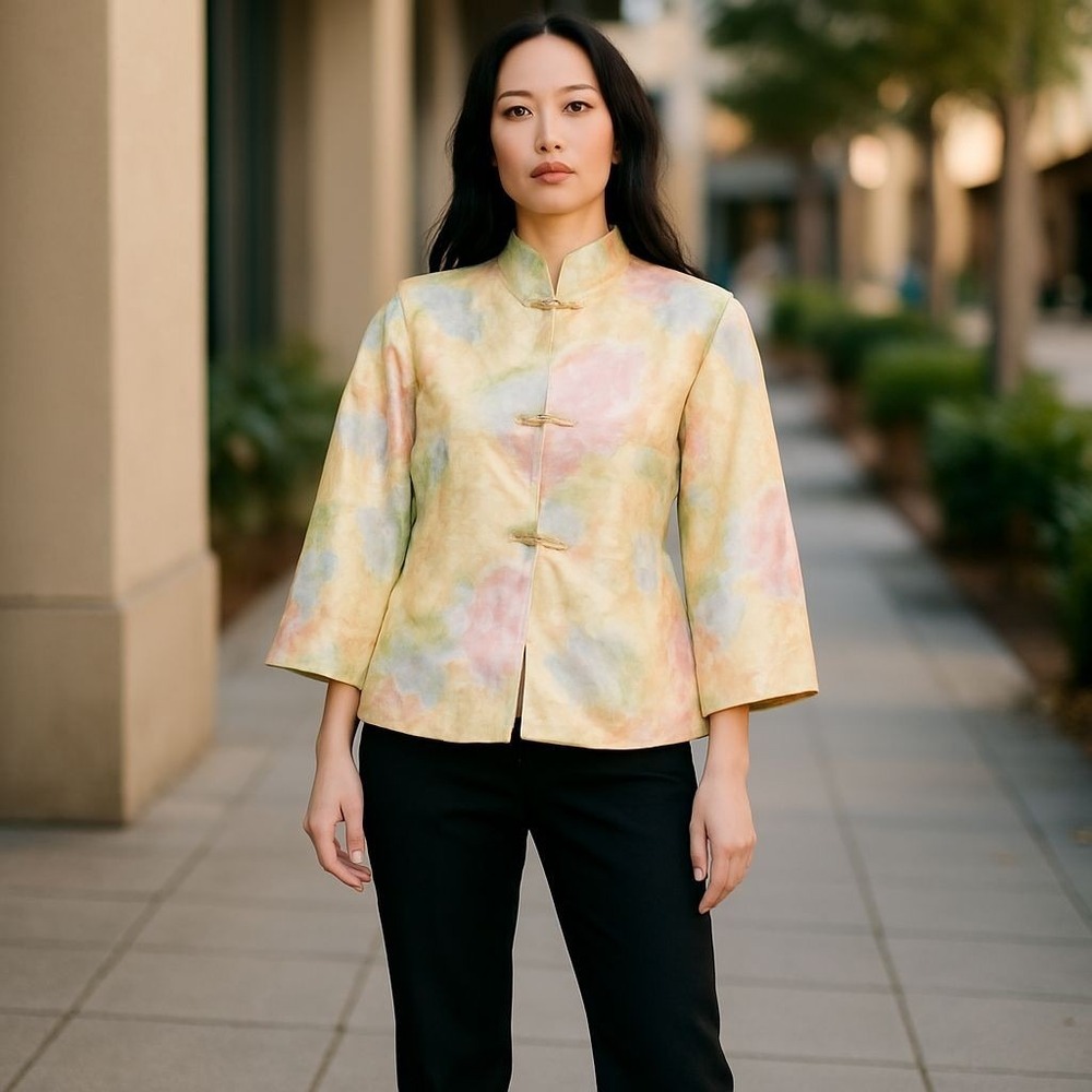 Vintage Asian-Inspired Floral‎ Pastel Satin Jacket With Frog Closures Size 6